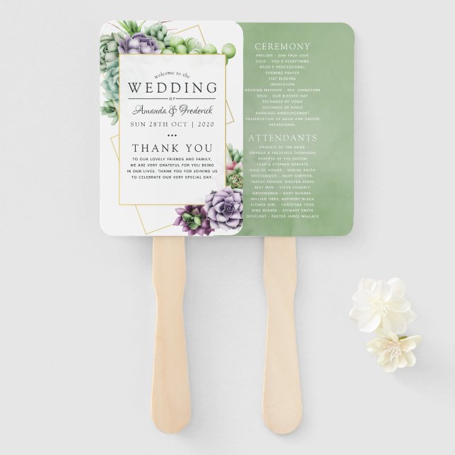 Éventail Programme de mariage géométrique de succulente à l (Devant et derrière)