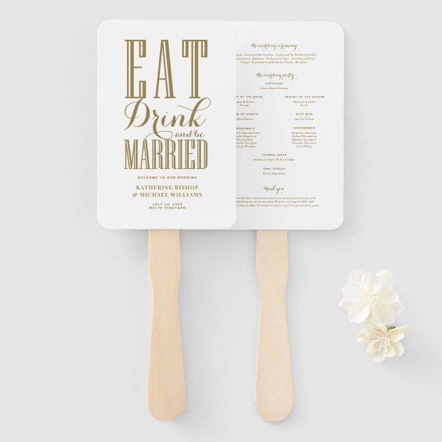 Éventail Programme de mariage Gold Eat Drink and Be Married (Devant et derrière)