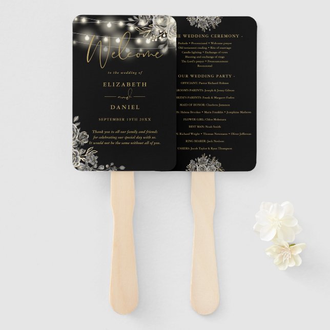 Éventail Programme de mariage gothique aux lumières florale (Devant et derrière)