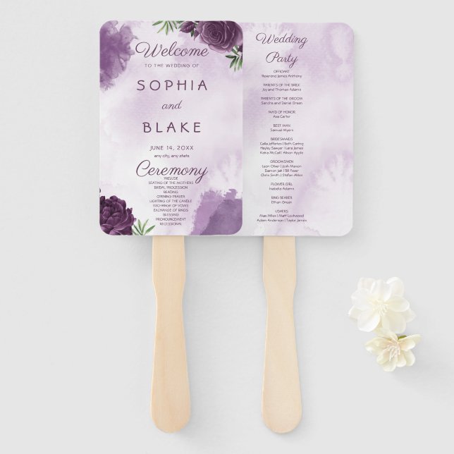 Éventail Programme de mariage gothique floral aux roses vio (Devant et derrière)