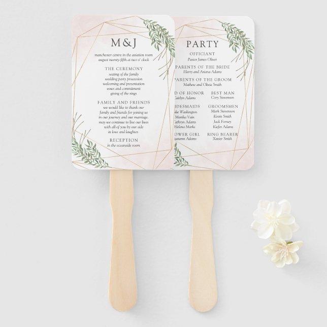 Éventail Programme de mariage Green Leaves & Blush (Devant et derrière)