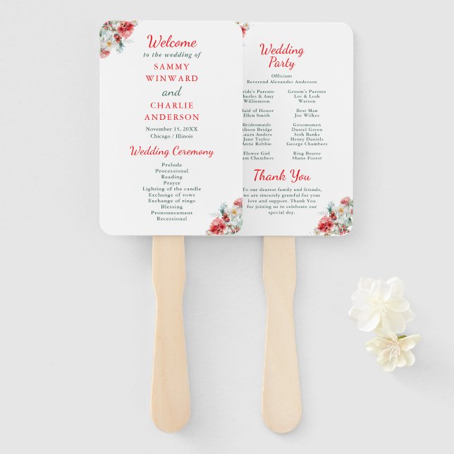 Éventail Programme de mariage hivernal à la végétation flor (Devant et derrière)