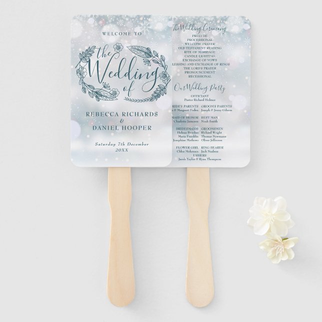 Éventail Programme de mariage hivernal aux flocons de neige (Devant et derrière)