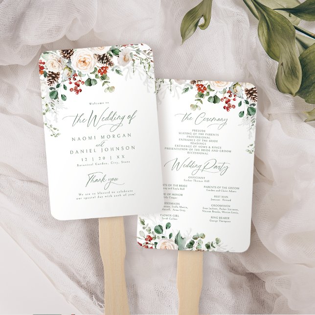 Éventail Programme de mariage hivernal floral festif (Festive Floral Holiday Winter Wedding Program Hand Fan)