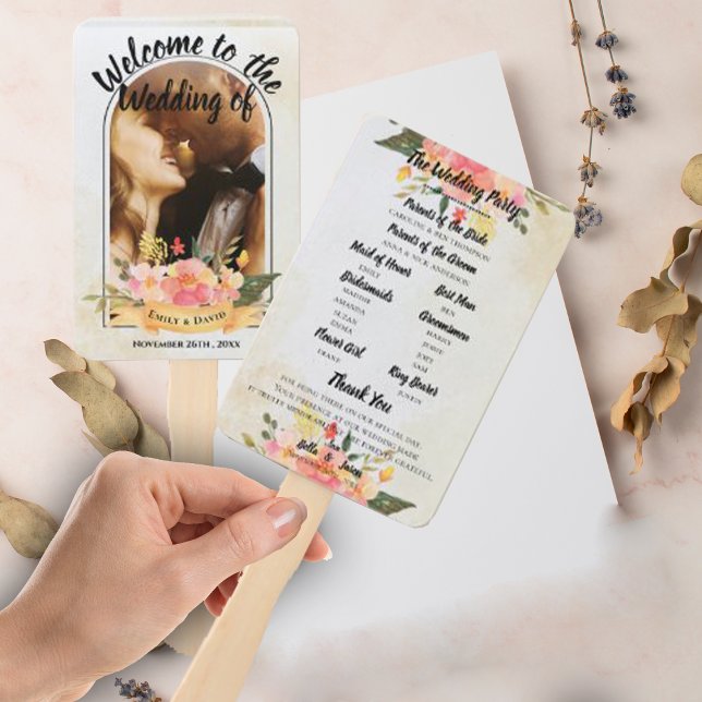 Éventail Programme de Mariage Joli Floral Rose Mariage MIGN (Wedding Program Pretty Peach Floral Cute WEDDING Hand Fan)