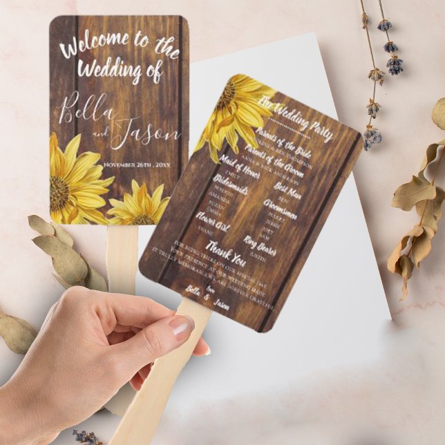Éventail Programme de mariage Mariage de tournesol en bois  (Wedding Program Rustic Wood Sunflower Wedding Hand Fan)