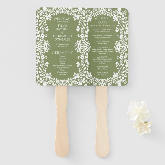 Éventail Programme de mariage mexicain Talavera vert sauge  (Devant et derrière)