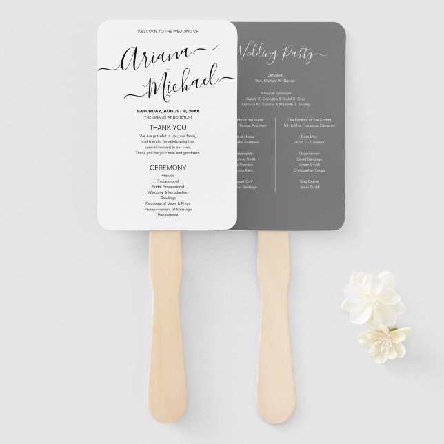 Éventail Programme de mariage minimaliste chic gris et blan (Devant et derrière)