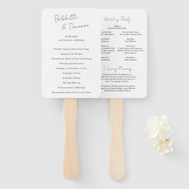 Éventail Programme de mariage minimaliste noir et blanc mod (Devant et derrière)
