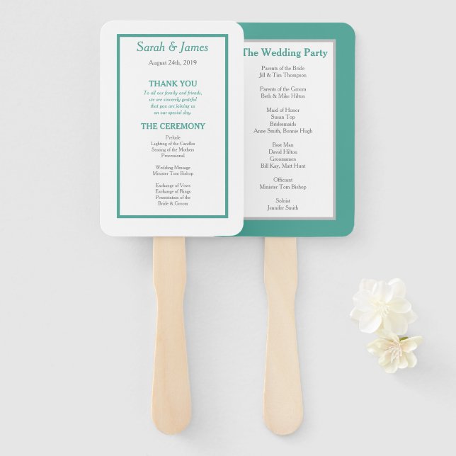 Éventail Programme de mariage minimaliste turquoise et gris (Devant et derrière)