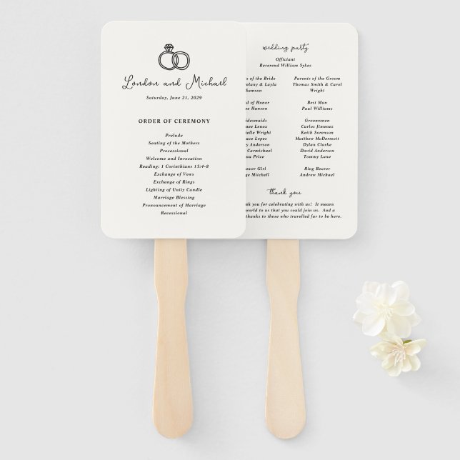 Éventail Programme de mariage moderne doodle de bagues dess (Devant et derrière)