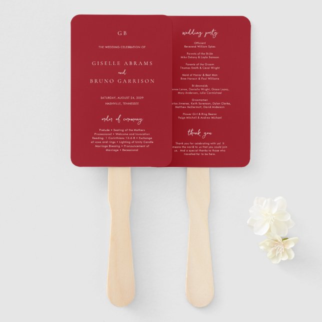 Éventail Programme de mariage moderne élégant rouge rubis (Devant et derrière)