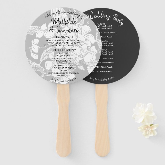 Éventail Programme de mariage moderne floral bohème noir et (Devant et derrière)