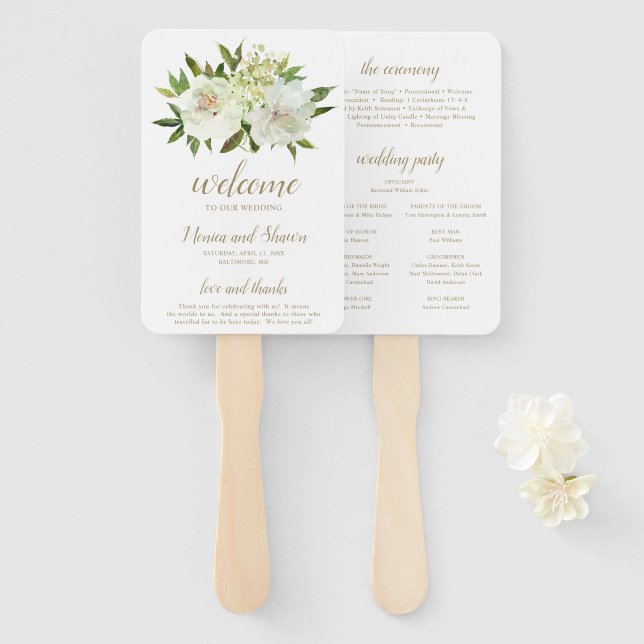 Éventail Programme de mariage moderne floral or blanc éléga (Devant et derrière)