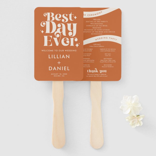 Éventail Programme de mariage moderne rétro orange (Devant et derrière)