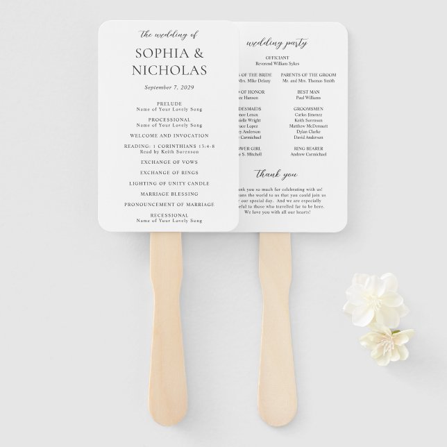 Éventail Programme de mariage moderne simple noir et blanc (Devant et derrière)