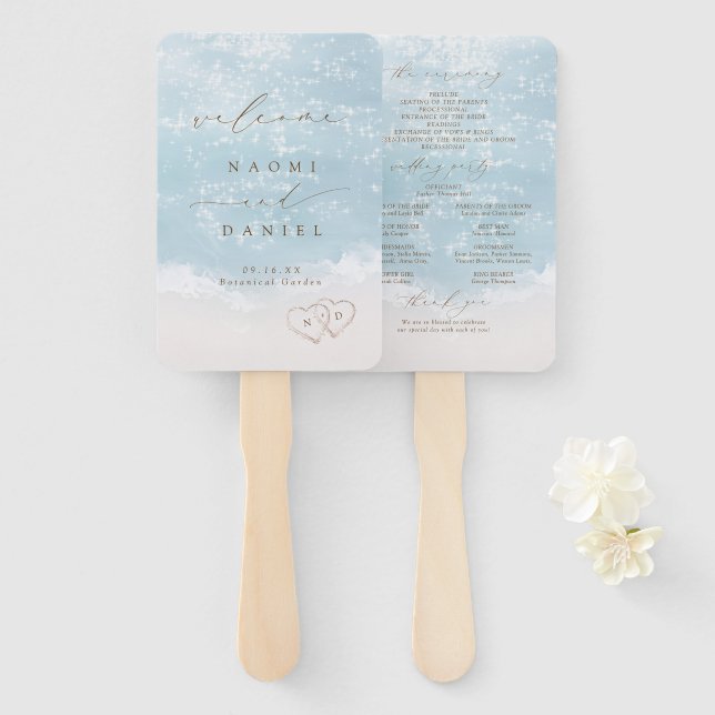 Éventail Programme de mariage moderne sur la plage avec coe (Devant et derrière)