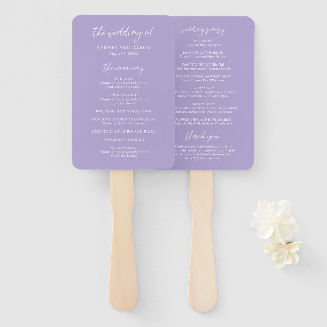 Éventail Programme de mariage moderne Sydney Lavender (Devant et derrière)