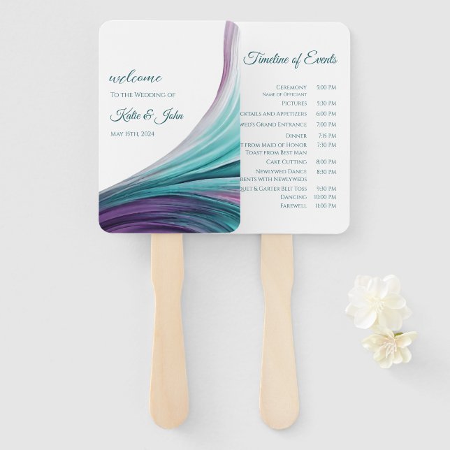 Éventail Programme de mariage-moderne violet et Turquoise- (Devant et derrière)