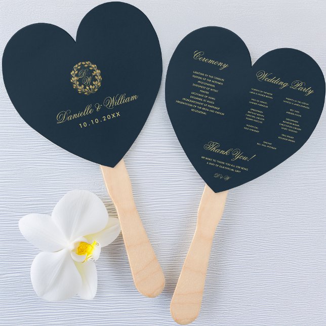 Éventail Programme de mariage Monogramme dans un cœur bleu  (Créateur téléchargé)