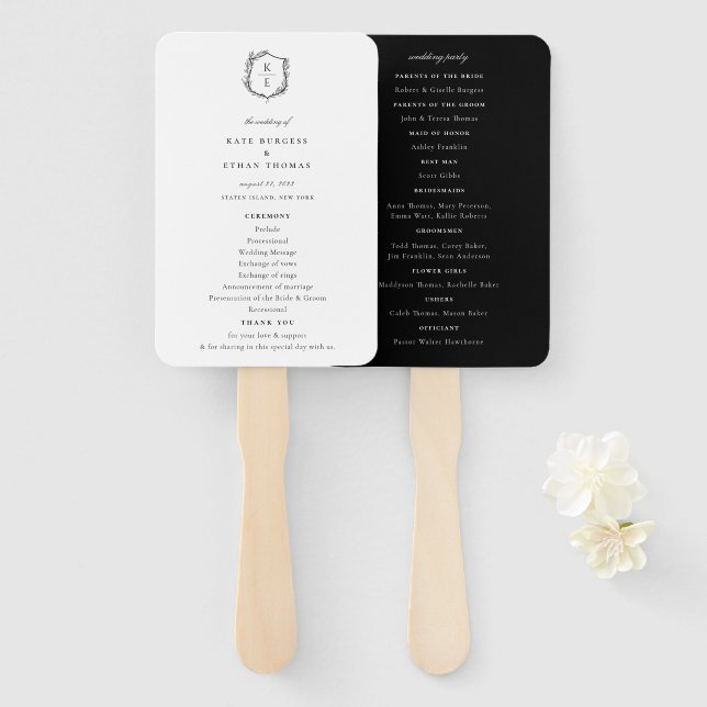 Éventail Programme de mariage Monogramme de la crête botani (Devant et derrière)