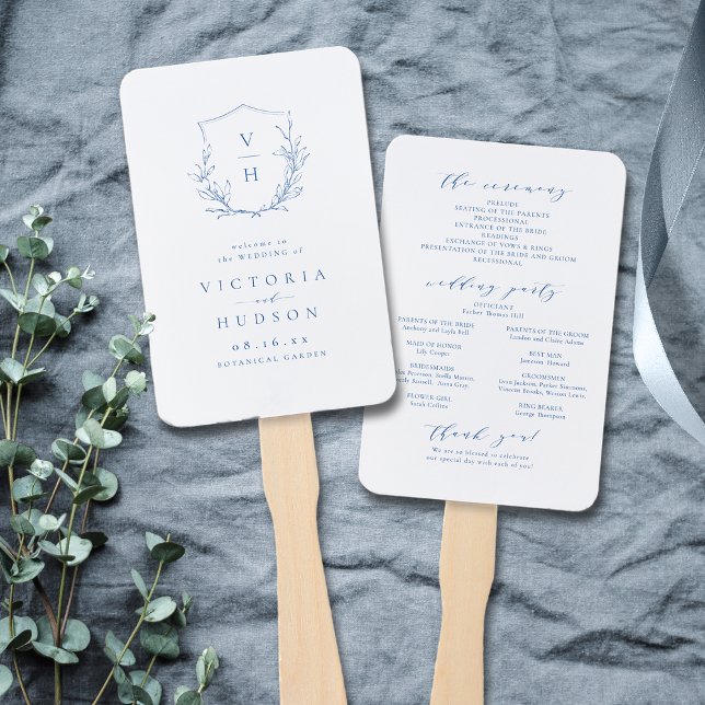 Éventail Programme de mariage monogramme de la crête botani (Blue botanical crest monogram wedding program hand fan)