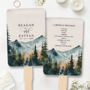 Éventail Programme de mariage Montagnes et Pins à l'aquarel