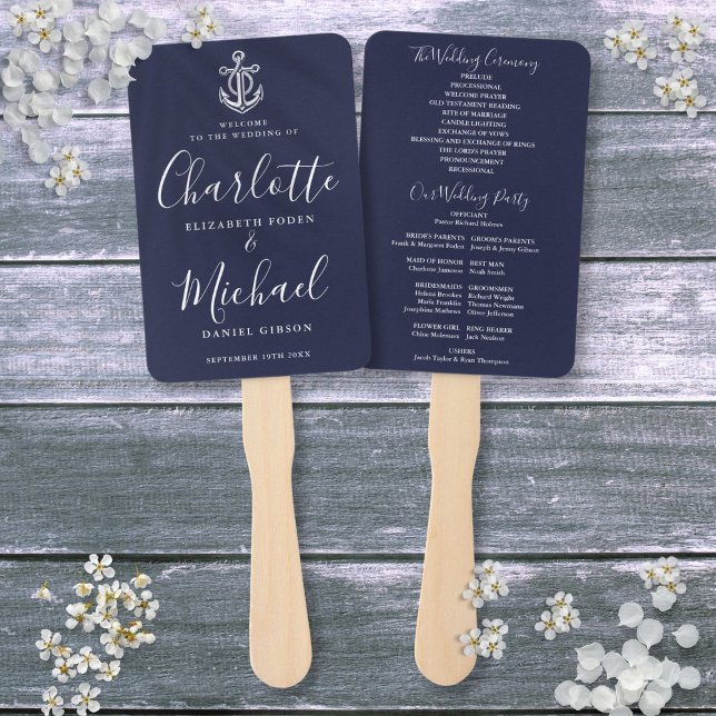 Éventail Programme de mariage nautique à l'ancre bleu marin (Script Navy Blue Anchor Nautical Wedding Program Hand Fan)