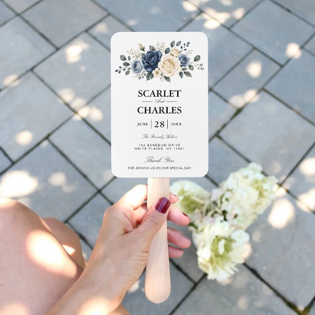 Éventail Programme de mariage Navy Bleu Poussiéreux & Rose  (Dusty blue rose program fans keep guests comfortable with timeless elegance.)
