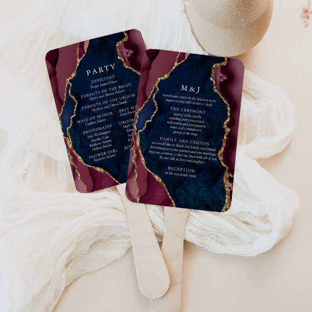 Éventail Programme de mariage Navy, Bourgogne & Agate dorée (Créateur téléchargé)