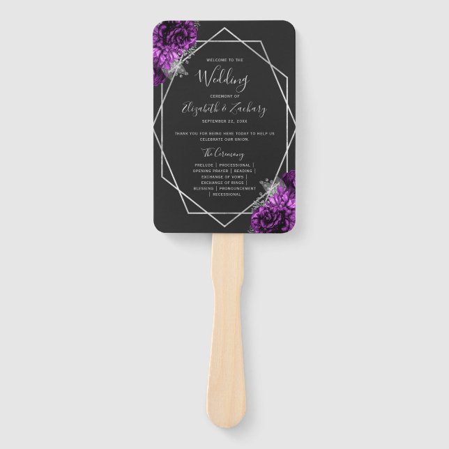 Éventail Programme de mariage noir géométrique argent flora (Devant)