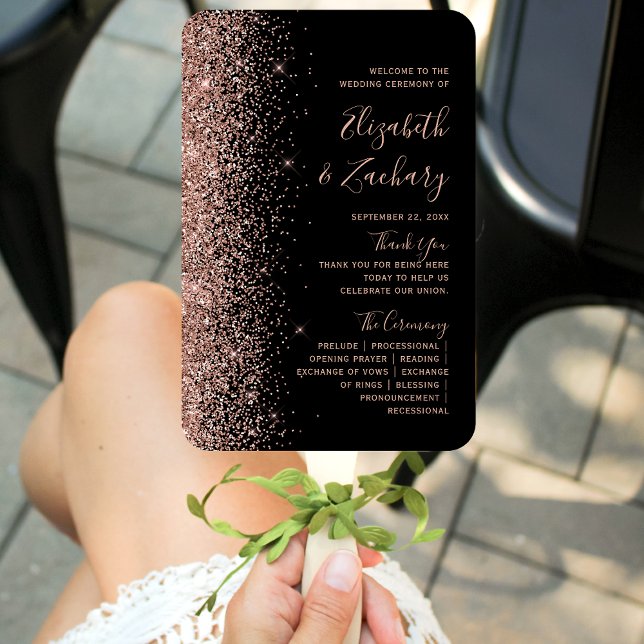 Éventail Programme de mariage noir rose or paillettes (Créateur téléchargé)