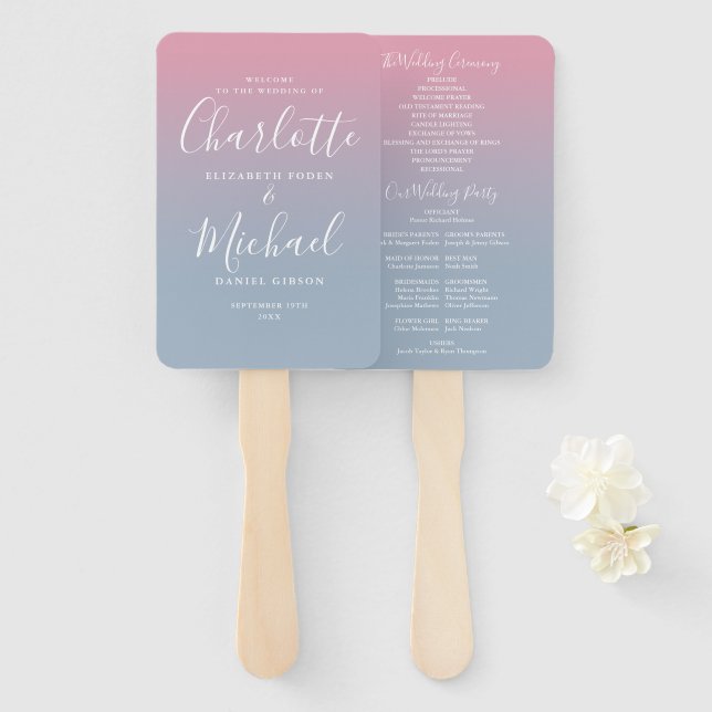 Éventail Programme de mariage ombré rose et bleu poussiéreu (Devant et derrière)