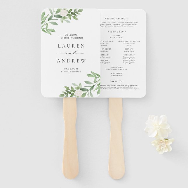 Éventail Programme de mariage or avec fleurs blanches et ve (Devant et derrière)