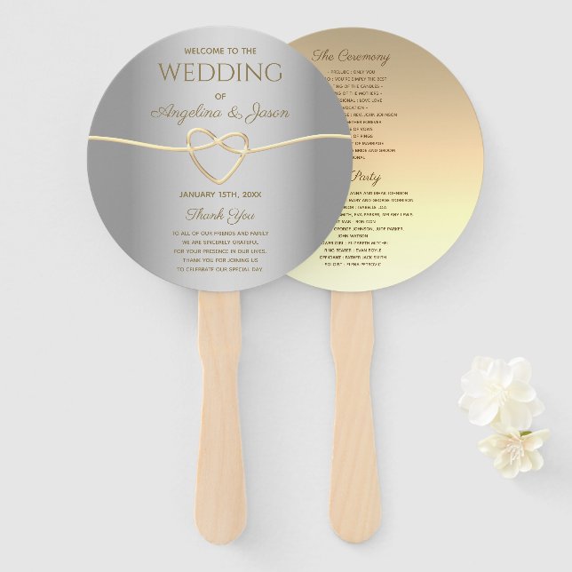 Éventail Programme de mariage or et argent (Devant et derrière)