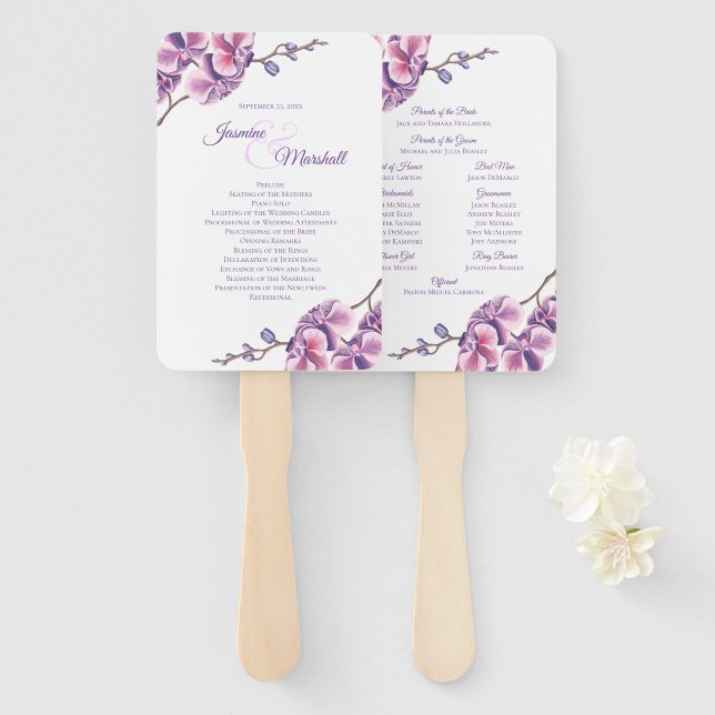 Éventail Programme de mariage Orchidée Violette (Devant et derrière)