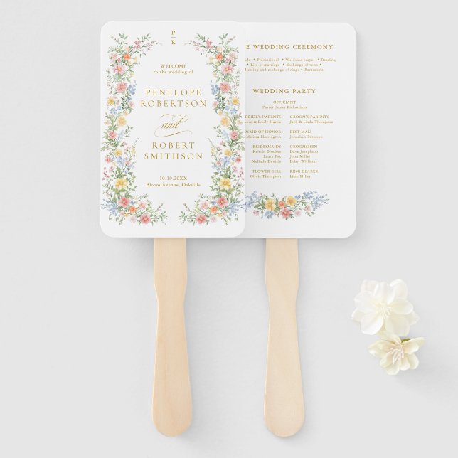 Éventail Programme de mariage orné de pastel doux doré de p (Devant et derrière)