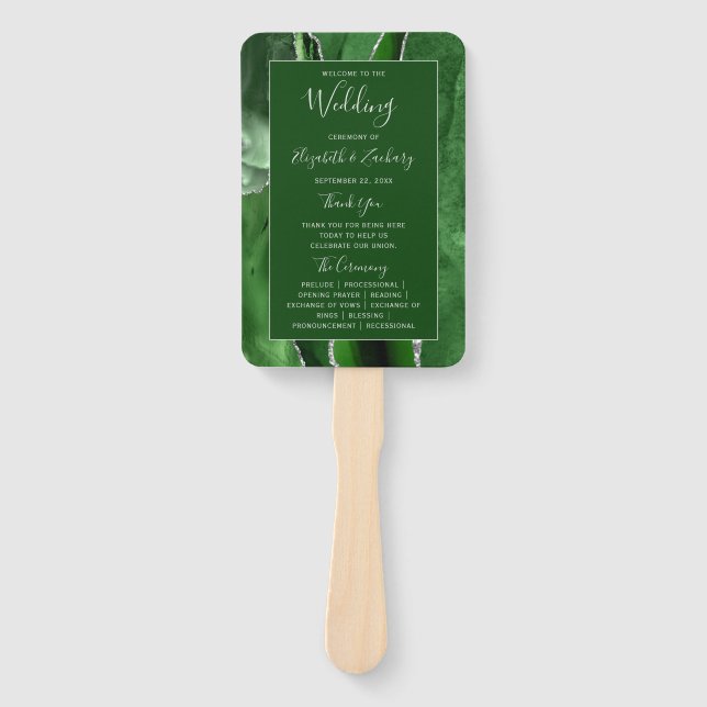 Éventail Programme de mariage paillettes argent Agate Vert  (Devant)