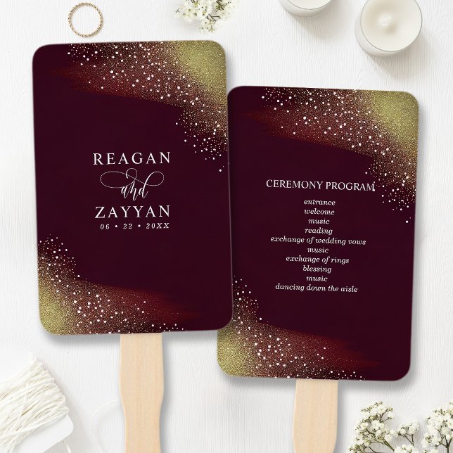 Éventail Programme de mariage paillettes bordeaux et or (Créateur téléchargé)