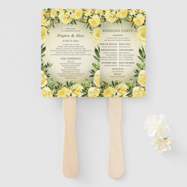 Éventail Programme de mariage paillettes dorées florales ja (Devant et derrière)
