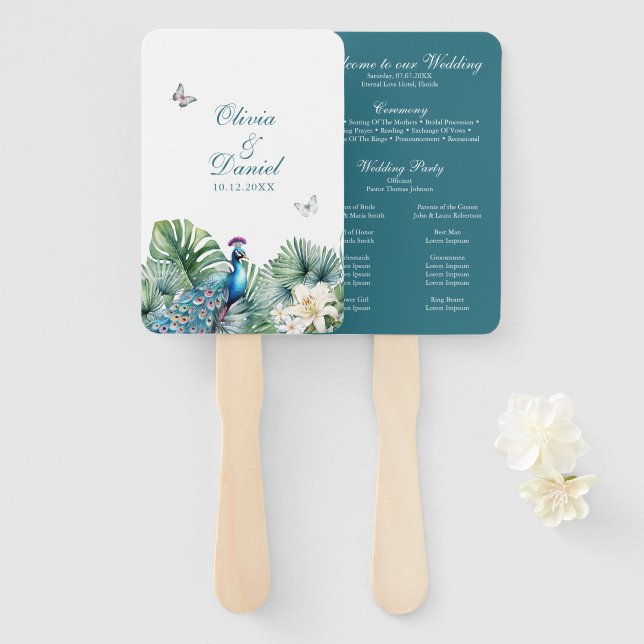 Éventail Programme de mariage Paon Fleurs Tropicales Sarcel (Devant et derrière)