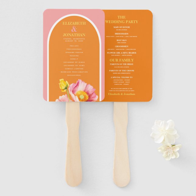 Éventail Programme de mariage Peach Pink Orange Poppies (Devant et derrière)