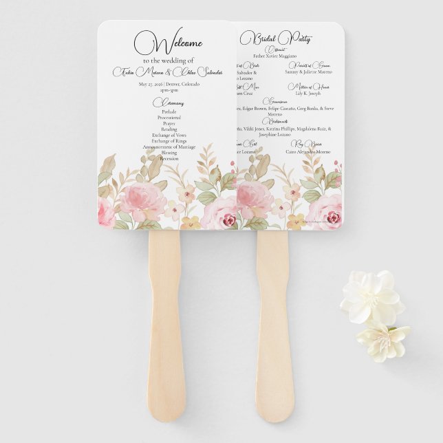 Éventail Programme de mariage personnalisé à motifs floraux (Devant et derrière)