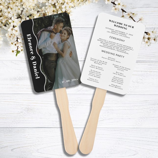 Éventail Programme de mariage photo noir blanc moderne (Modern Side Wave Black White Photo Wedding Program Hand Fan)