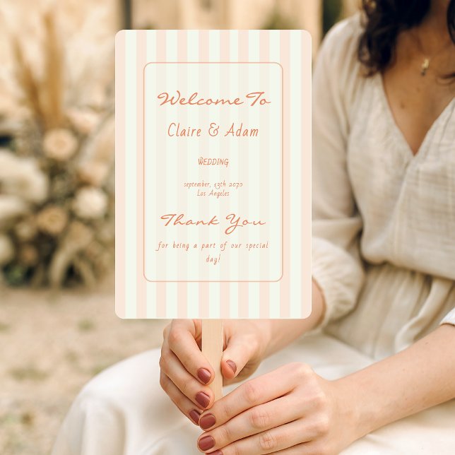 Éventail Programme de mariage rayé pêche minimal vintage  (Créateur téléchargé)