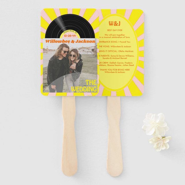 Éventail Programme de mariage rétro disque vinyle festival  (Devant et derrière)