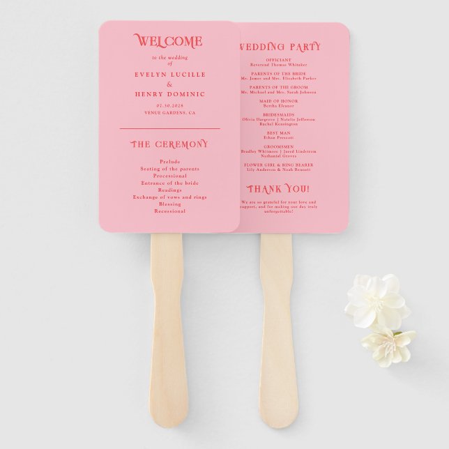 Éventail Programme de mariage rétro rouge et rose (Devant et derrière)