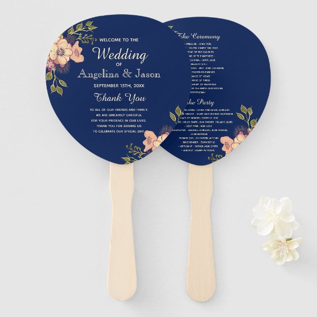 Éventail Programme de mariage rose et bleu floral (Devant et derrière)