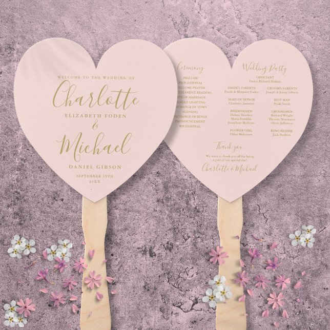 Éventail Programme de mariage rose et or Script Coeur (Blush Pink And Gold Script Wedding Program Heart Hand Fan)
