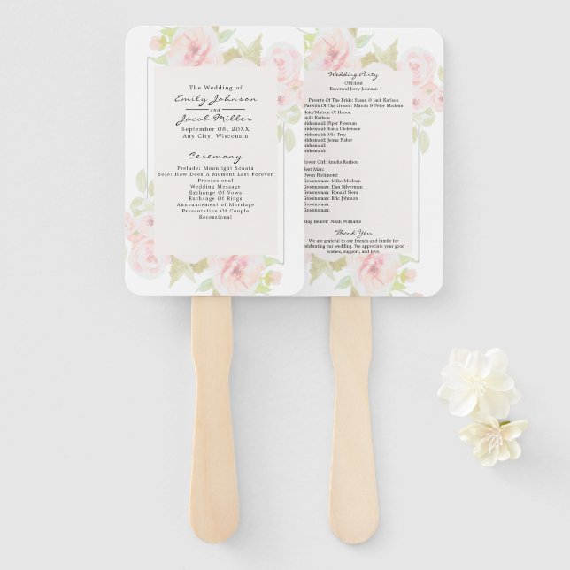Éventail Programme de mariage rose floral aquarelle rose ro (Devant et derrière)